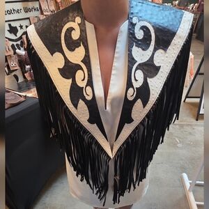 Black & White Western Leather Fringe Shawl – Handmade Statement Piece